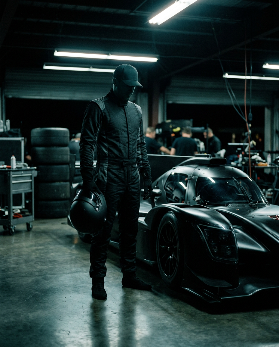A race driver in a modern racing suit holding a helmet beside a race car in a dimly lit pit garage