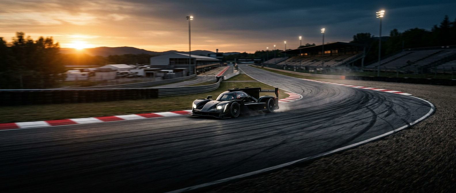 Empty race circuit and pit straight at dusk